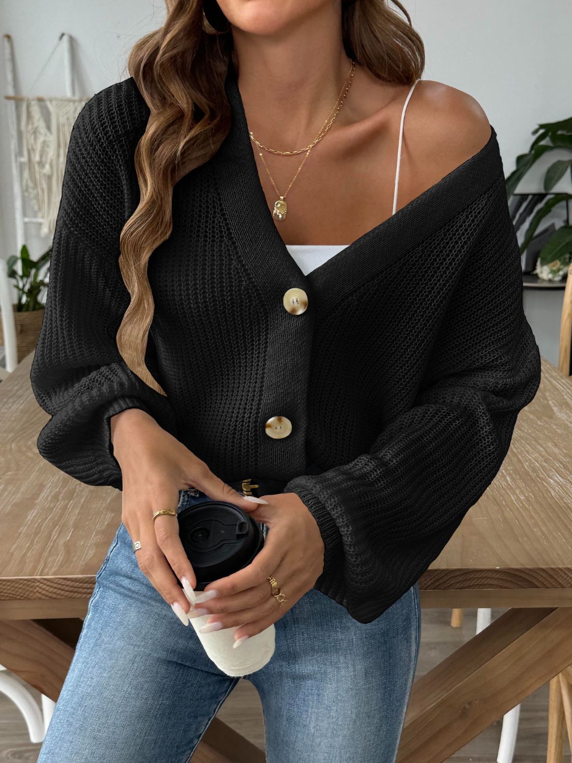 Balloon Sleeve Button Up Cardigan