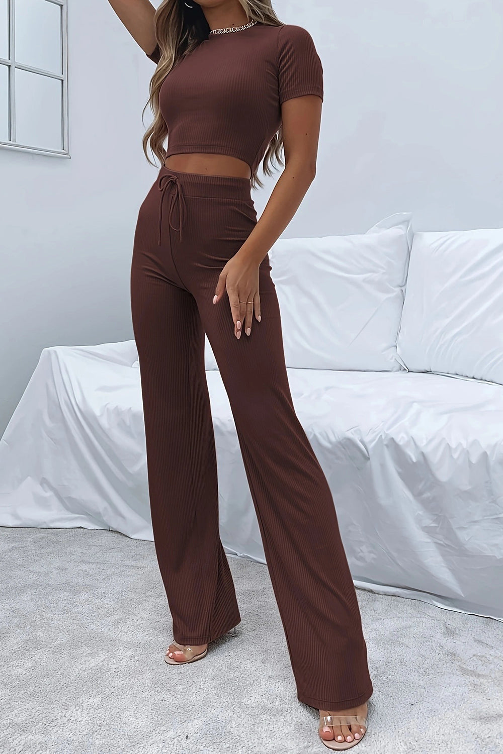 Short Sleeve Two Piece Pant Matching Lounge Set