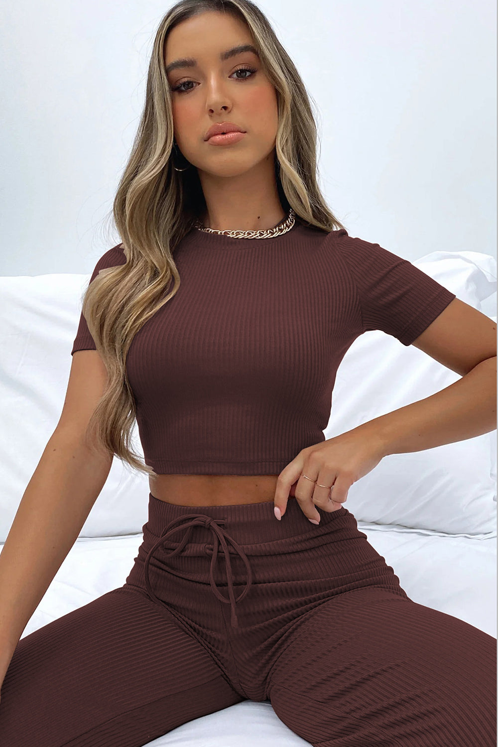 Short Sleeve Two Piece Pant Matching Lounge Set