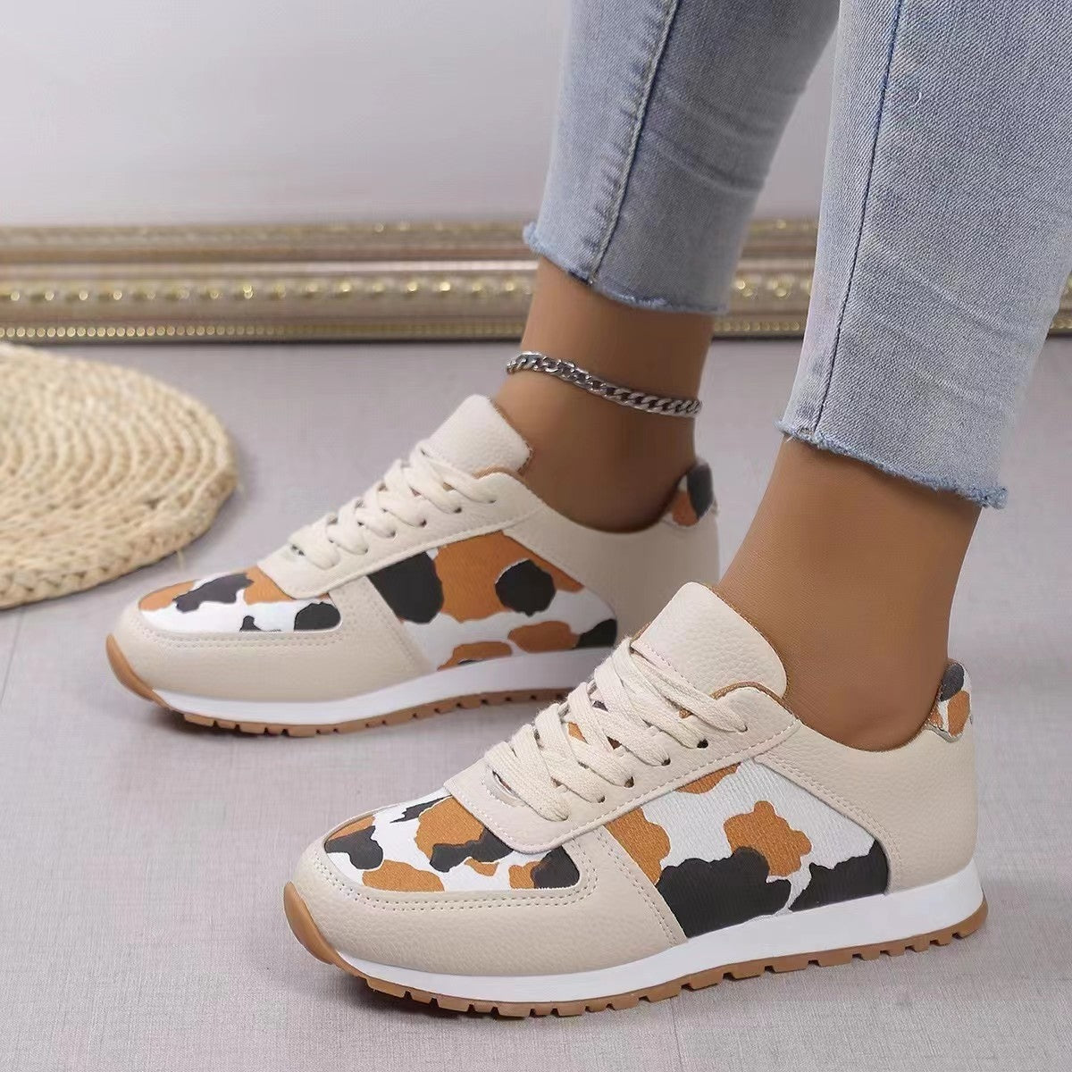 Leopard Print Leather Tennis Shoes