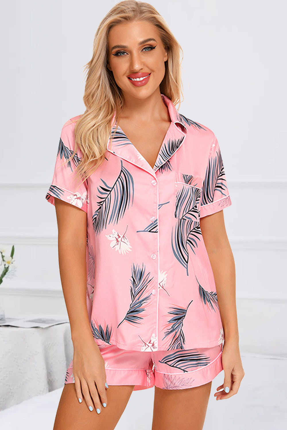 Printed Button Up Short Sleeve Lounge Set