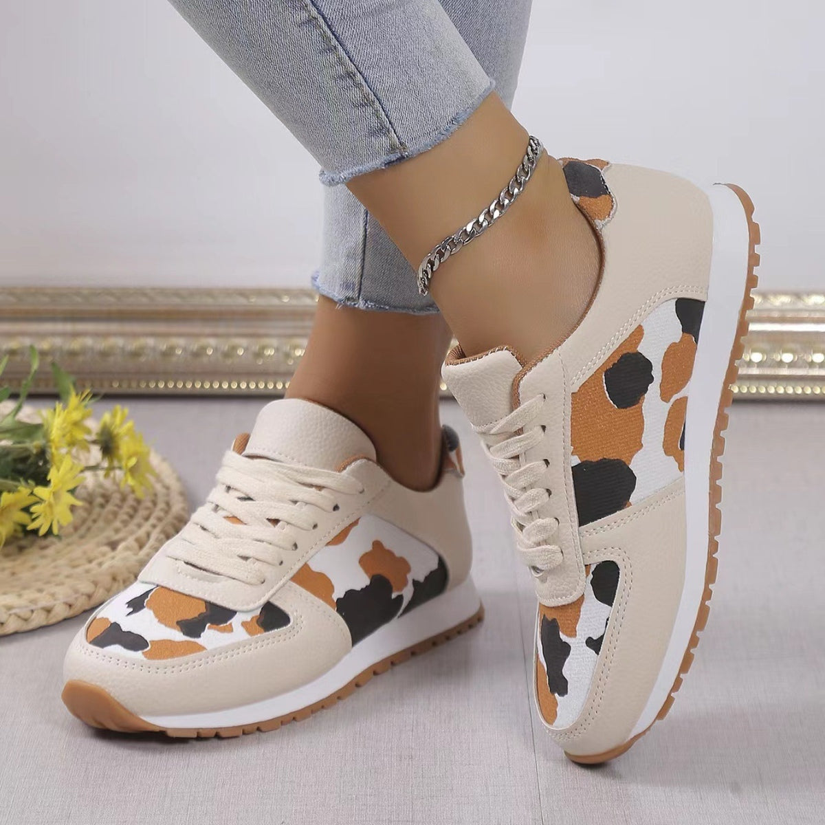 Leopard Print Leather Tennis Shoes