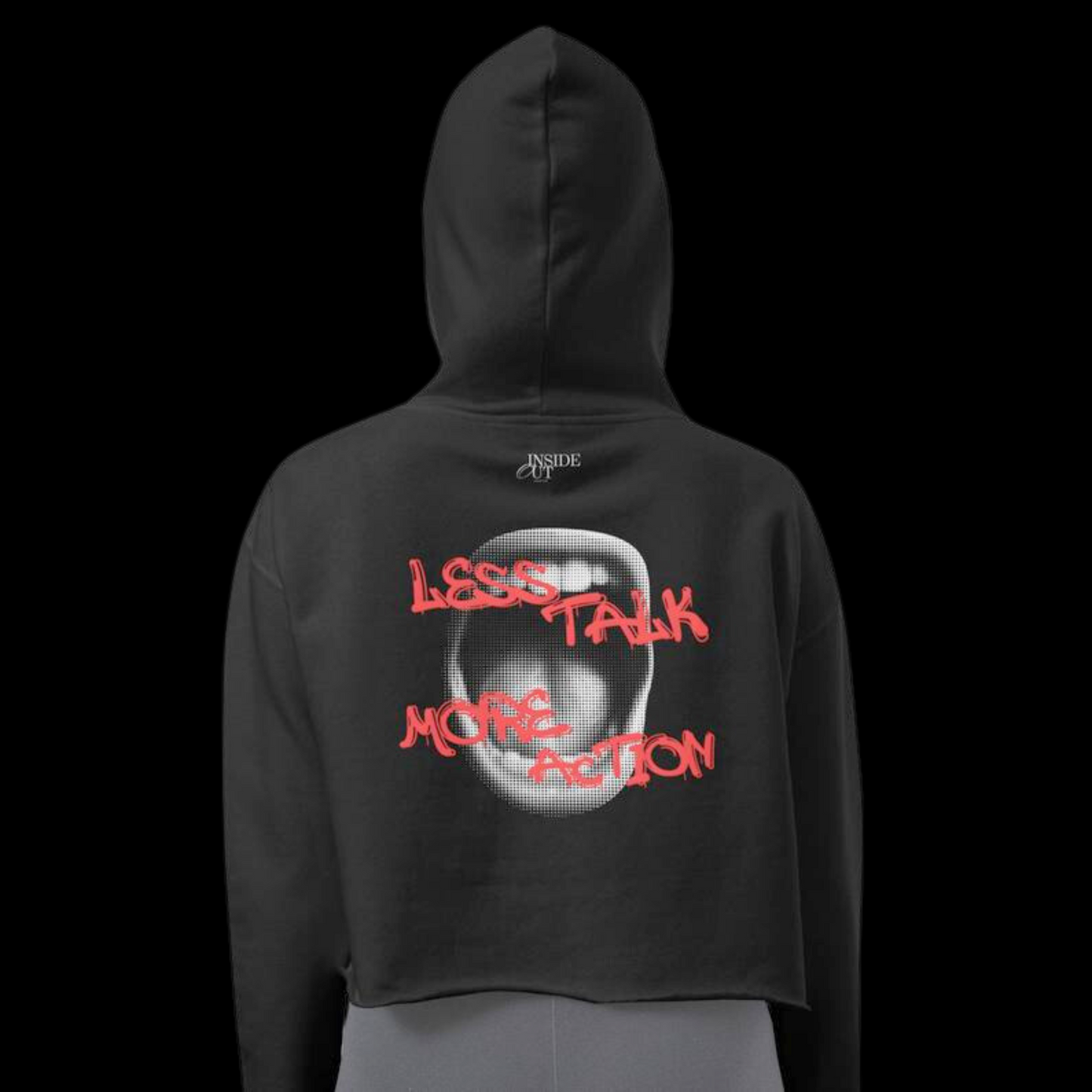 Less Talk More Action Cropped Hoodie Black