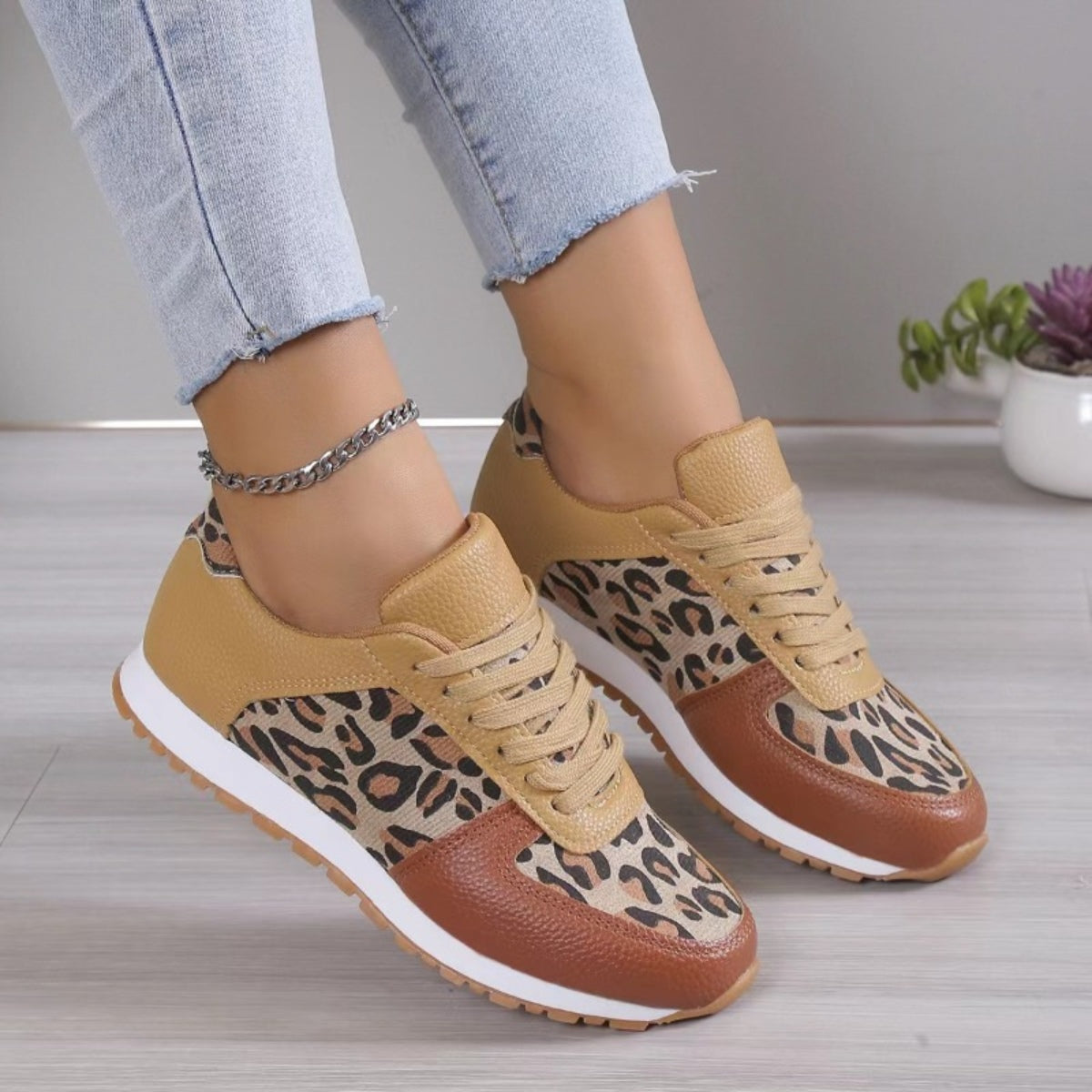 Leopard Print Leather Tennis Shoes